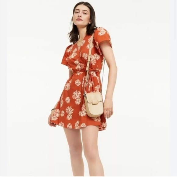 Madewell Floral Print Wrap V-Neck Puff Sleeve Mini Dress in Rusty Torch S - Picture 1 of 9